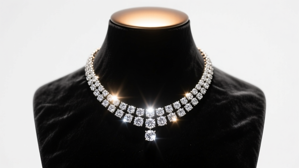 Charcoal velvet mannequin jewelry display bust showcasing a heavy diamond tennis necklace under focused warm gallery spotlighting