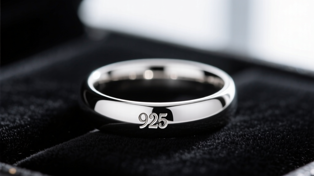 Macro close-up of a tiny 925 hallmark stamp engraved on the inner band of a polished sterling silver ring against dark velvet
