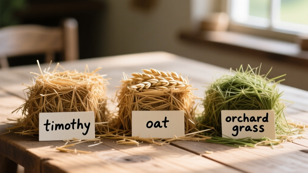 Three small piles of different hays: timothy, oat, and orchard grass labeled clearly