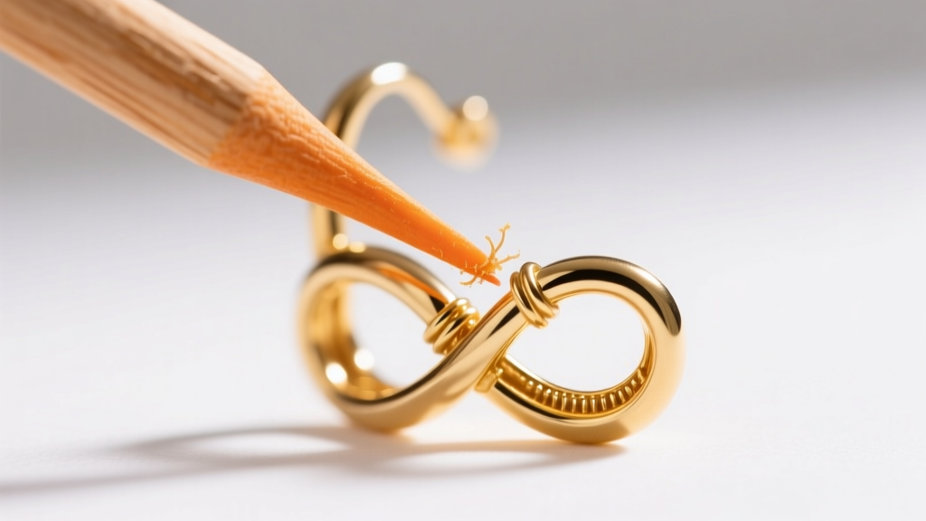 Wooden orange stick removing trapped sebum from tight solder joints of a delicate gold infinity knot earring under bright light
