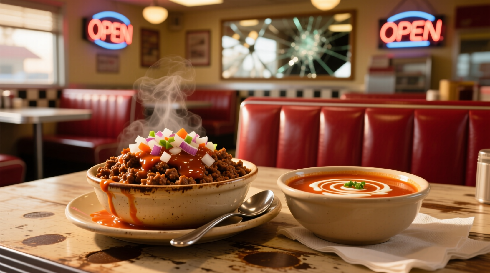 Sloppy joes served with tomato soup in a bowl