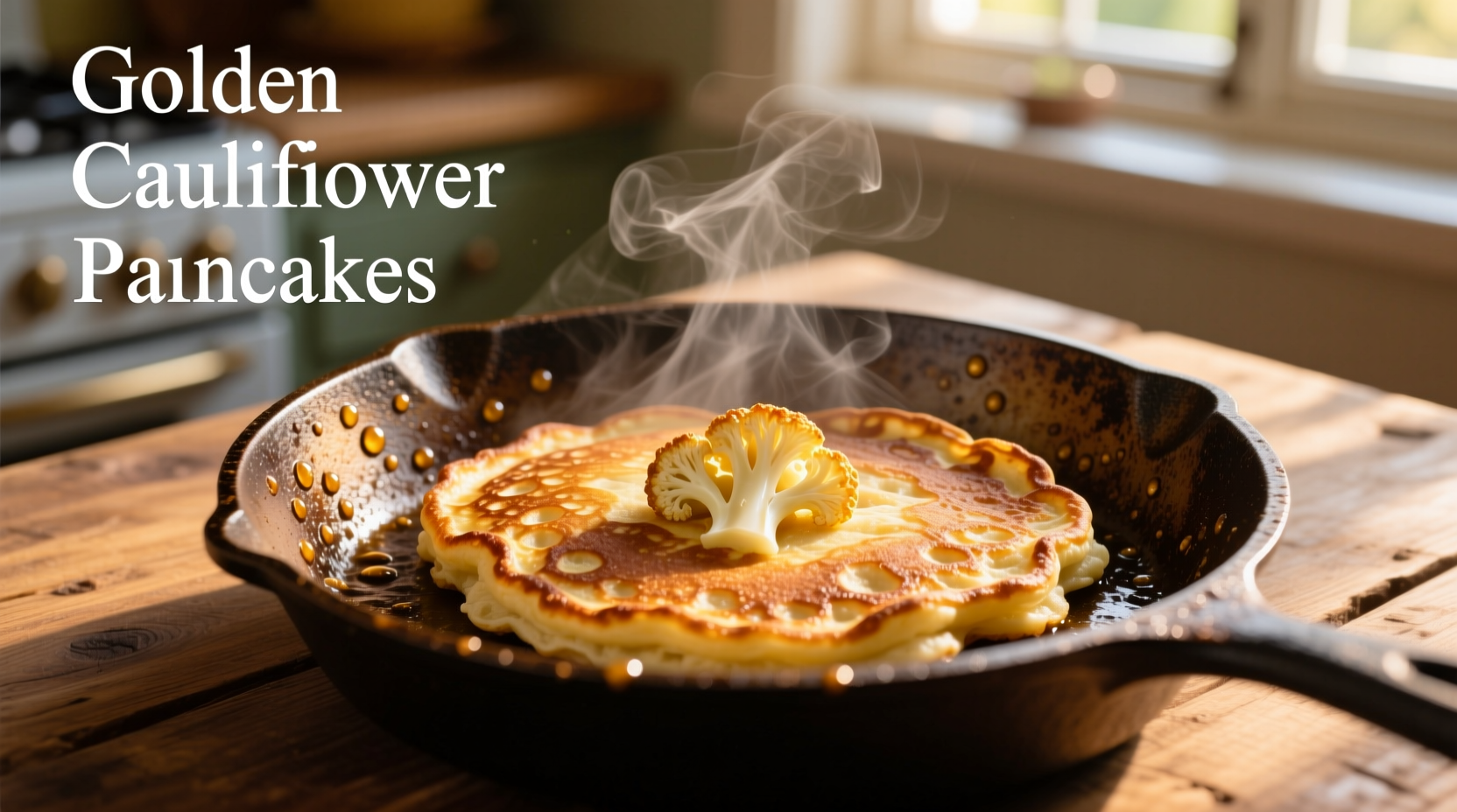 Golden cauliflower pancakes on cast iron skillet