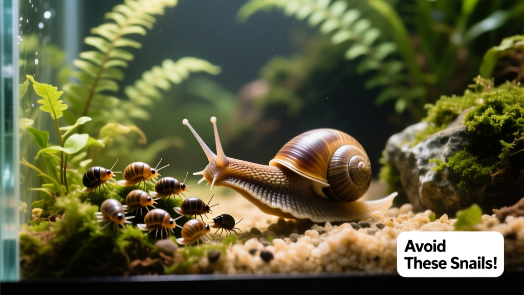 Assassin snails hunting near a group of smaller pest snails in a planted aquarium