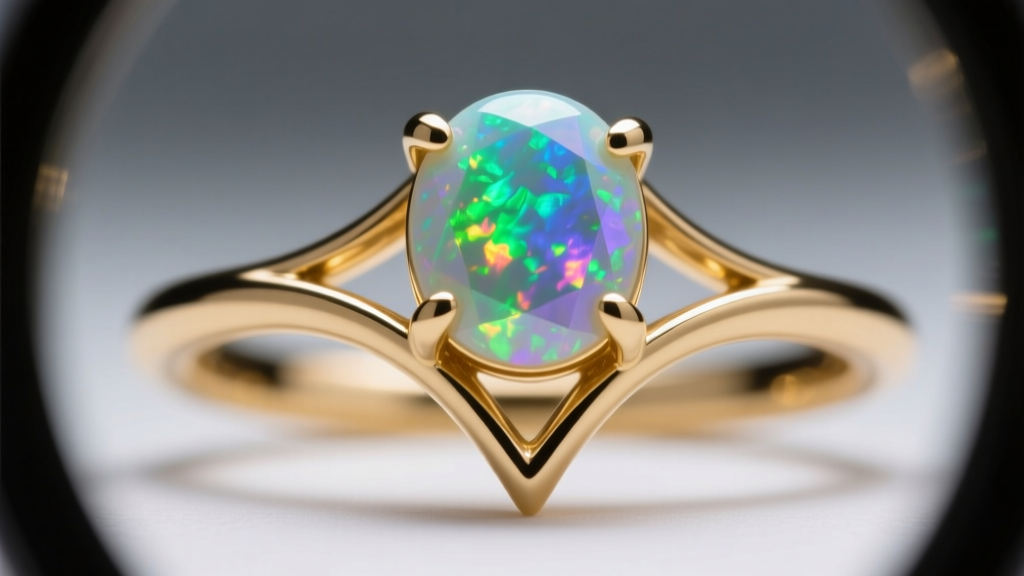Loupe view of a 14k gold V-prong setting securing an opal cabochon, showing the precise metal tension on the delicate curved edge.
