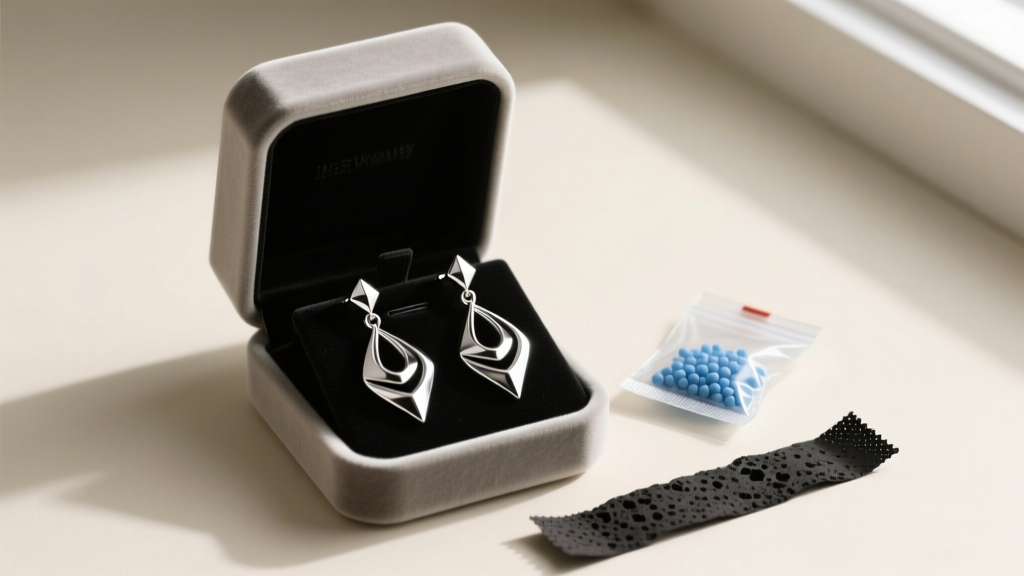 Velvet box holding sculptural silver drop earrings, next to a silica gel packet and an activated charcoal anti-tarnish strip