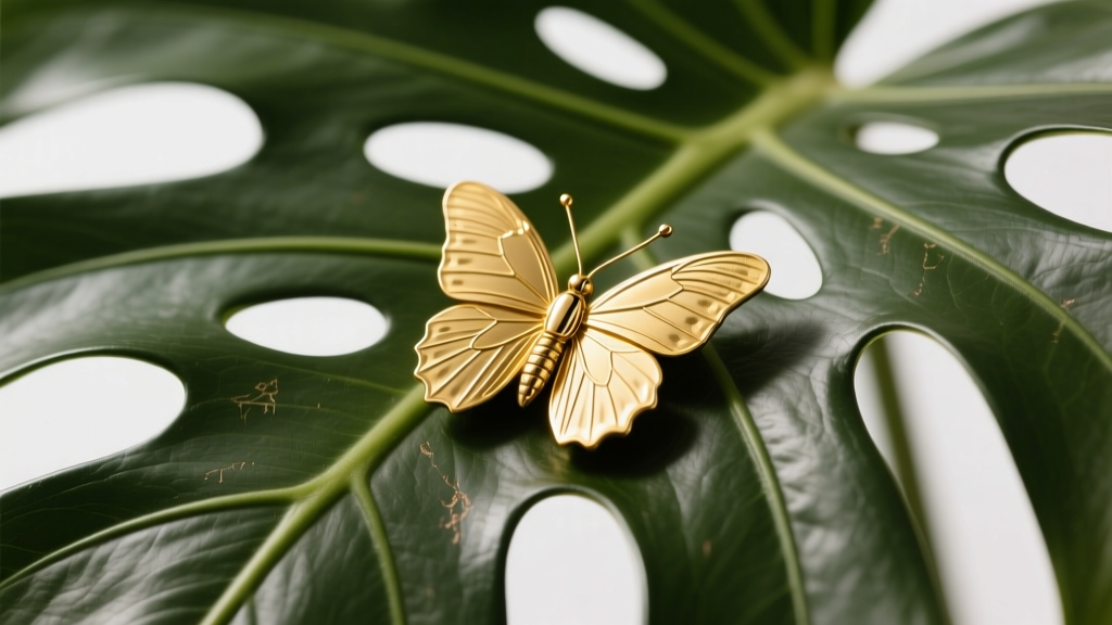 Macro view of a 20-gauge gold butterfly friction back on a monstera post, showing tight metal tension and precise notch grooves.