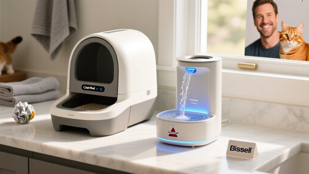 Side-by-side view of the CleanWell Automatic Litter Box and HydrateWell Automatic Water Fountain on a clean, sunlit surface