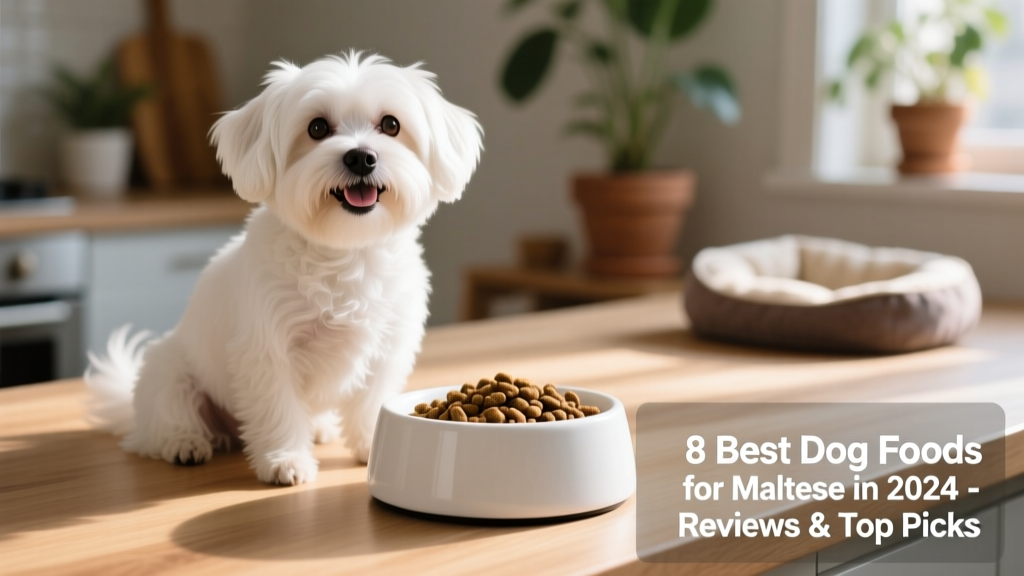 Close-up of a healthy, smiling Maltese dog sitting beside a clean, modern food bowl with kibble