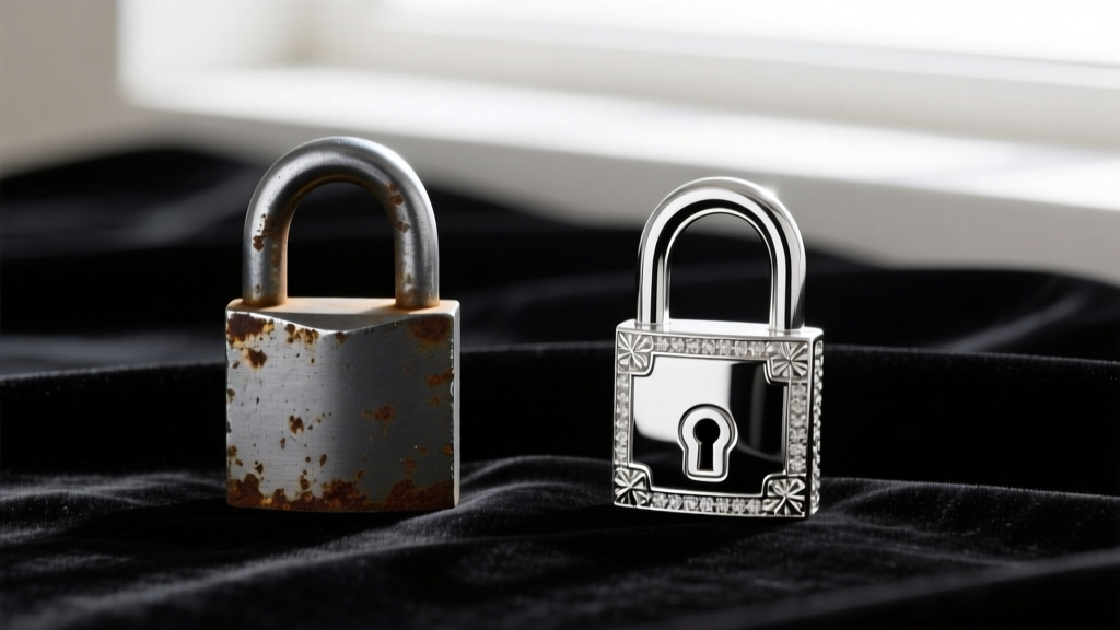 Flat lay showing a scuffed hardware padlock next to a polished sterling silver jeweler-cast padlock resting on dark velvet fabric