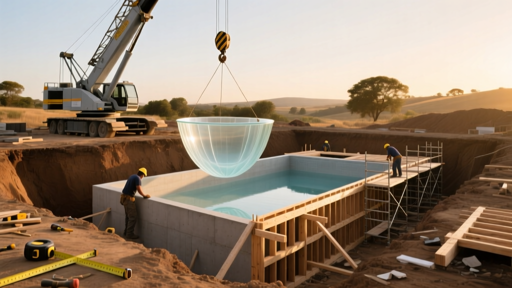 Excavation site showing a crane lowering a fiberglass pool shell next to wooden formwork being built for a custom concrete pool