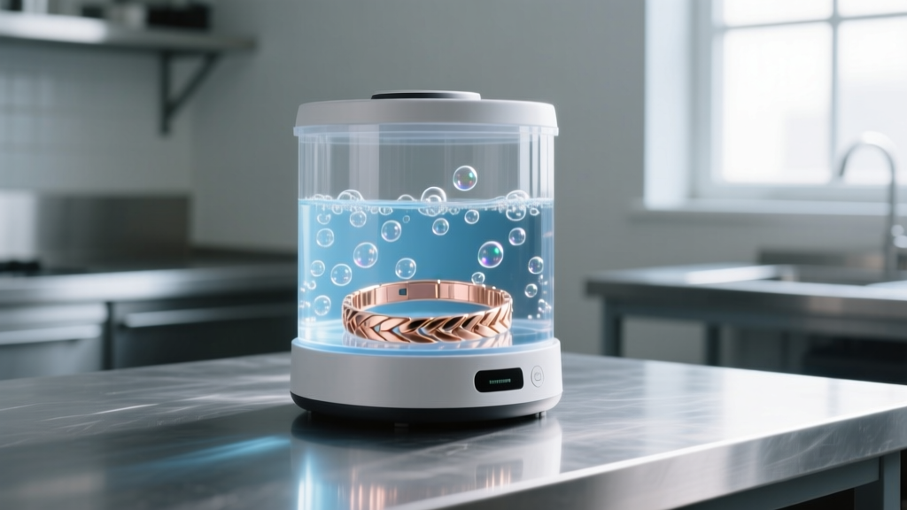 Ultrasonic cleaner holding a rose gold tennis bracelet, gentle bubbles forming in the solution under bright workshop light.