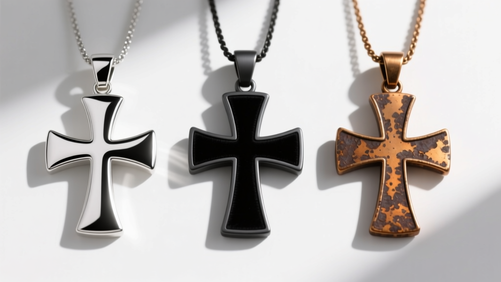 Three iron cross pendants side-by-side showing polished sterling silver, matte black titanium, and heavily oxidized brass finishes