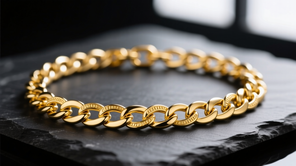 Macro shot of an 18k yellow gold curb chain necklace on dark slate, highlighting interlocking links and high polish finish