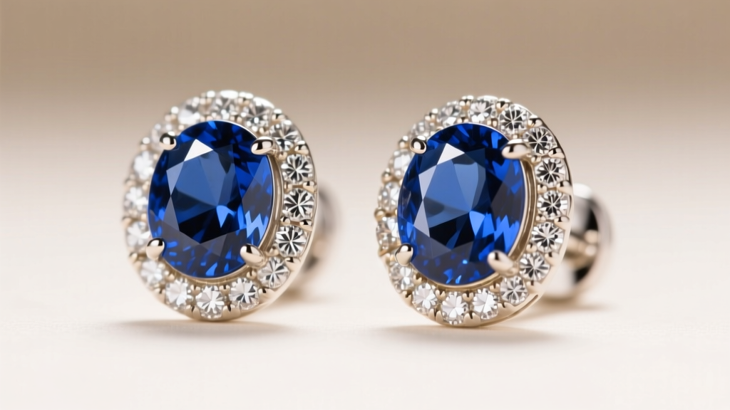 Close-up of elegant 18k white gold stud earrings featuring a central oval blue sapphire surrounded by a micro-pave diamond halo.