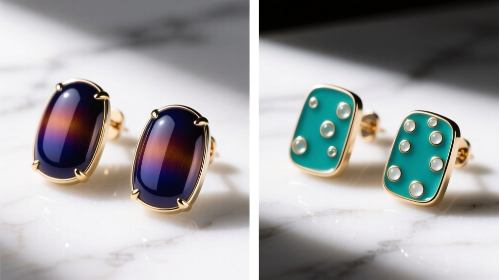 Side-by-side comparison of flawless Grand Feu enamel on real Hermès Kelly earrings versus bubbly fake resin enamel