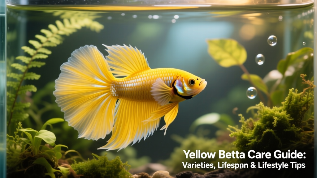 Close-up of a vibrant yellow betta fish flaring gently in a well-planted aquarium