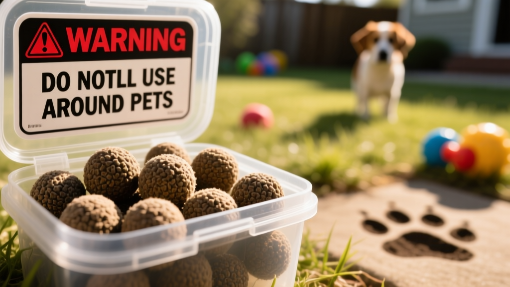 Close-up of mothballs in a plastic container with warning label