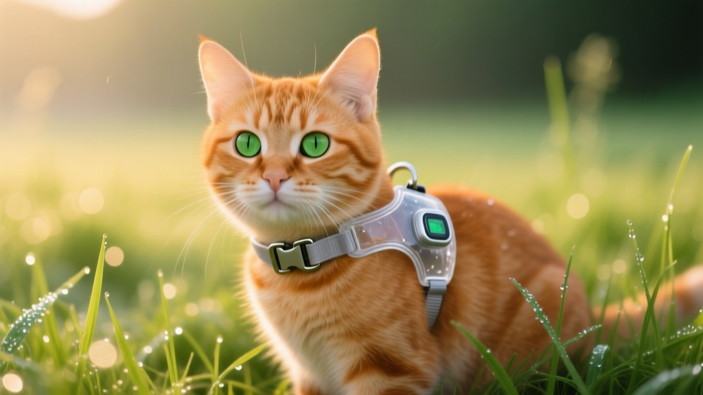 Close-up of a small orange tabby cat wearing a lightweight, waterproof GPS tracker attached to a breakaway safety collar outdoors in the grass.