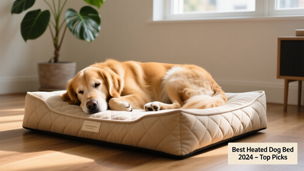 A golden retriever curled up comfortably on a plush heated dog bed indoors
