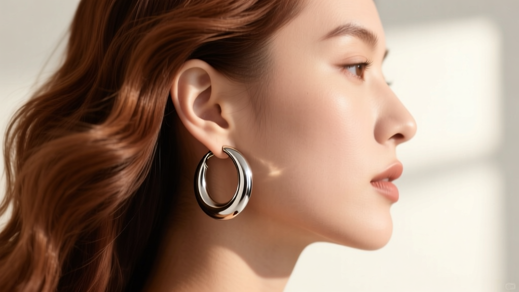 Side profile showing a 35mm continuous seamless titanium medium hoop earring gliding smoothly through wavy hair without catching