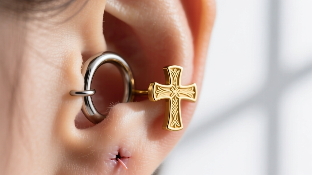 Macro shot of a 16g titanium helix hoop and a 14k gold cross stud on a healed cartilage piercing, sharp focus on metal texture