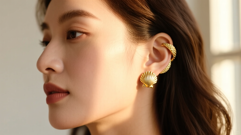 Profile of a woman wearing a 14k gold shell ear cuff and matching lobe stud, with sunlight catching the textured gold surface.