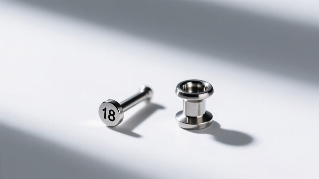 Macro comparison of 18 gauge and 14 gauge titanium labret studs, highlighting the visible difference in post thickness on white.