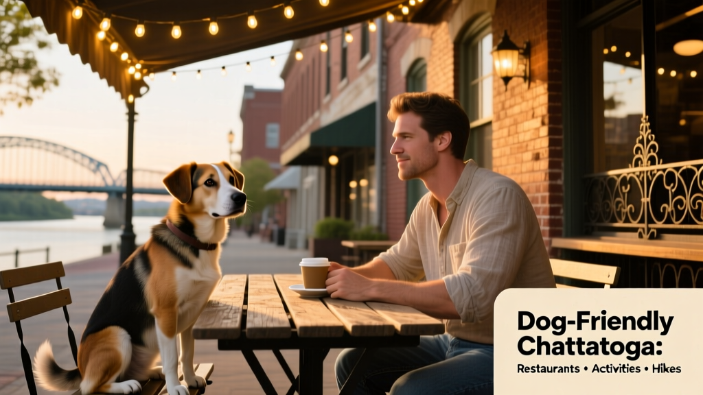 A mixed-breed dog sitting calmly beside its owner at an outdoor café table in downtown Chattanooga, with string lights overhead and historic brick buildings in view