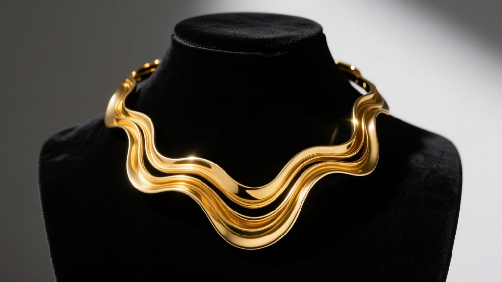 Sculptural 22k yellow gold collar necklace with organic asymmetrical folds on a black velvet bust under dramatic gallery lighting