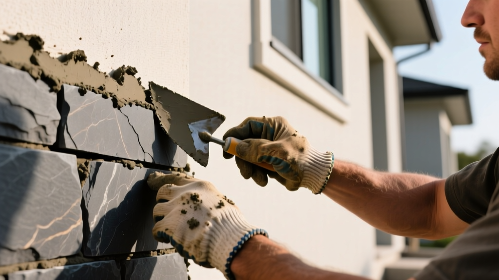 Close-up of a mason applying mortar to install dark gray ledger stone wall veneer stone panels on an exterior residential facade.