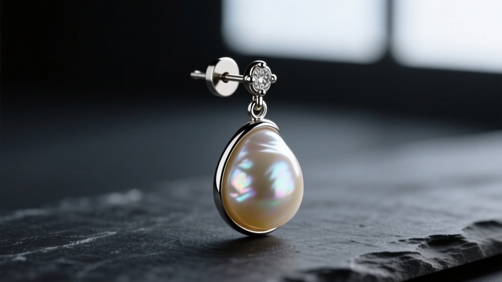 Macro shot of baroque pearl drop earring on titanium post, dark slate background, moody cinematic lighting, extremely sharp focus
