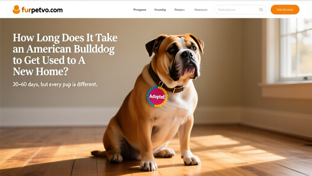 Screenshot-style mockup of the furpetvo.com homepage showing an American Bulldog profile with 'Adopted!' badge
