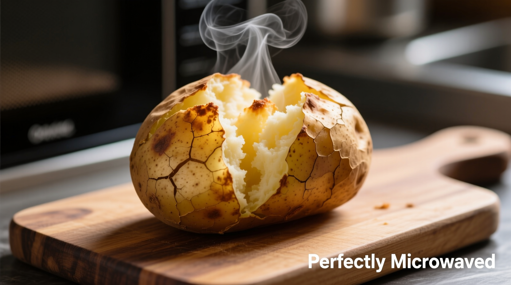 Perfectly microwaved baked potato with steam rising