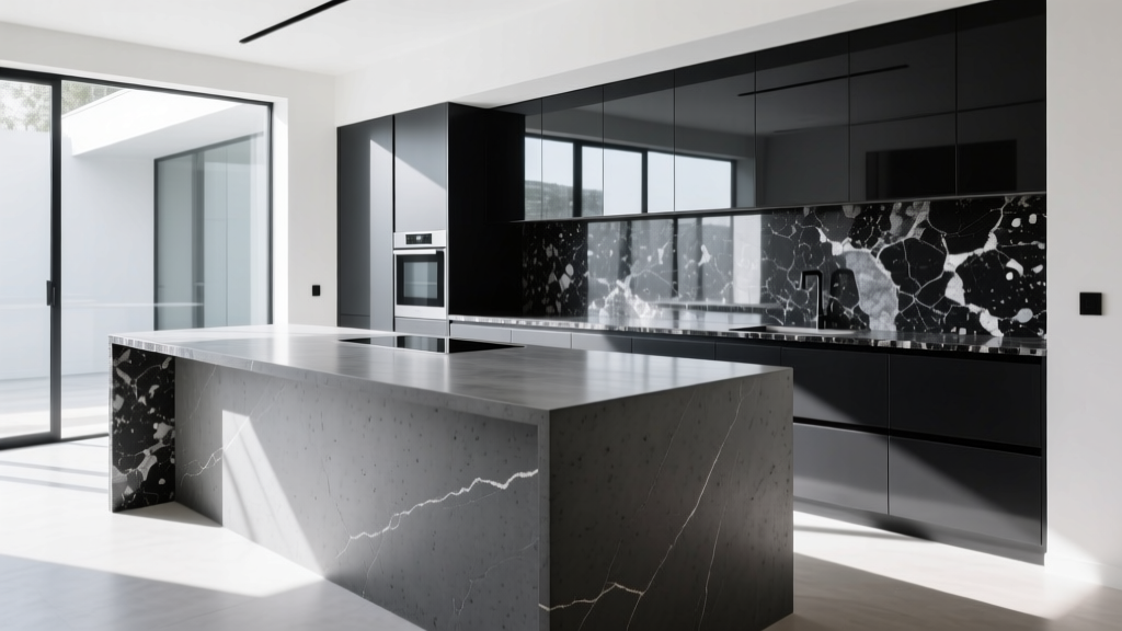 Modern kitchen island featuring polished charcoal concrete countertops adjacent to speckled black granite perimeter counters in bright natural light