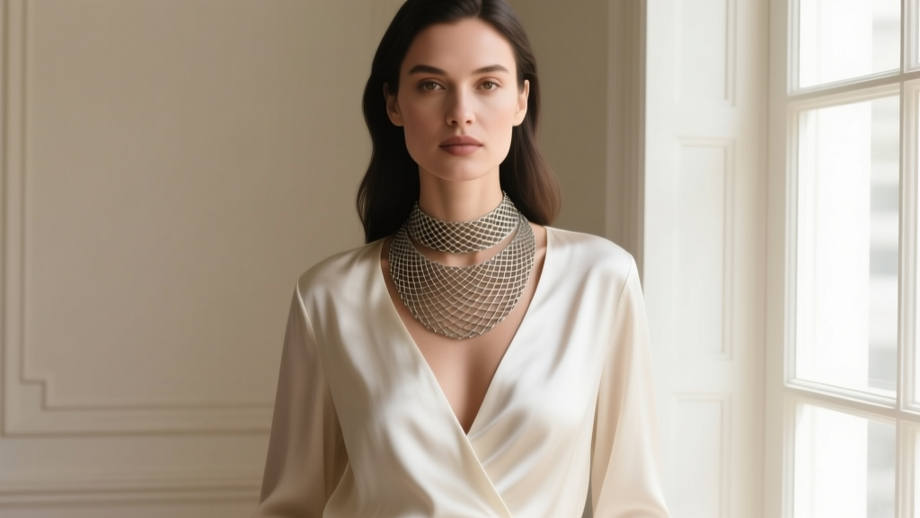 Woman wearing a layered 16 and 18-inch Pasquatch mesh necklace set over a deep V-neck silk blouse in soft natural window light.