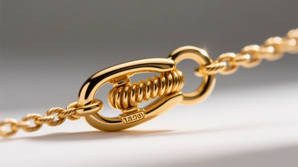 Macro close-up of a 12mm 14k yellow gold lobster clasp attaching to a 0.9mm cable chain, highlighting the spring mechanism detail