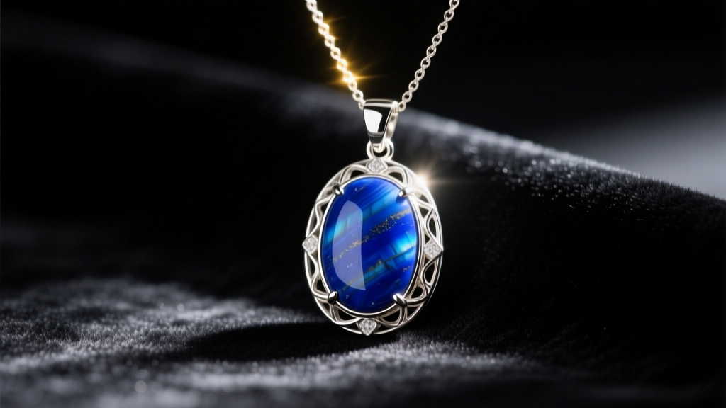 Close-up of a silver oval lapis lazuli pendant on a delicate chain, resting on dark velvet with moody, cinematic lighting.