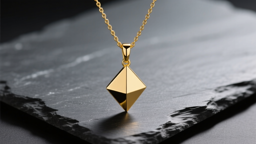 18k yellow gold VCLM TM necklace with geometric pendant on dark charcoal slate, illuminated by soft directional studio lighting.