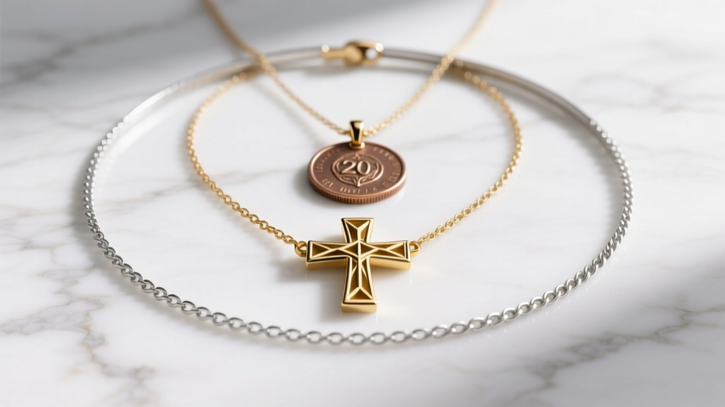 Flat lay of three layered necklaces featuring a choker, a 16-inch sideways cross, and a 20-inch coin pendant on white marble