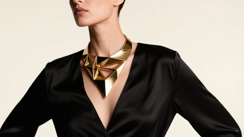 Model wearing an asymmetrical brushed-brass statement necklace over a deep V-neck black silk blouse under soft studio lighting.