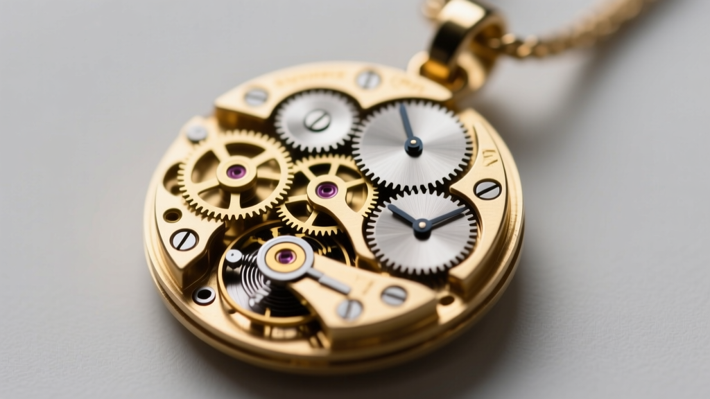 Macro shot of a disassembled novelty clock pendant showing the internal Miyota quartz movement and brass gear train components.