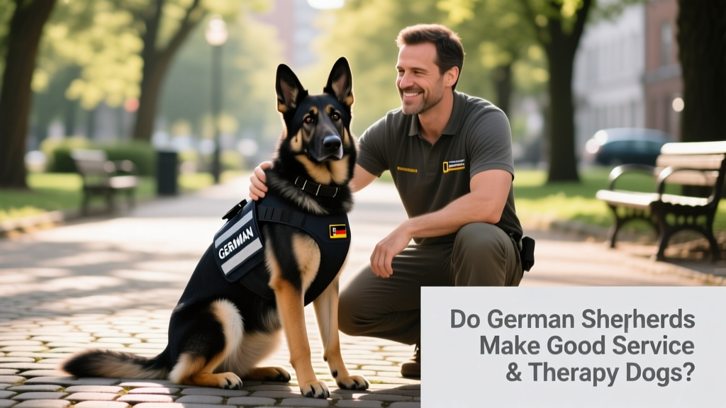 A calm, focused German Shepherd wearing a service vest, sitting attentively beside its handler in a quiet public space