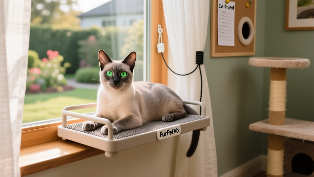 A relaxed cat lounging on a sunlit windowsill with a FurPetVo window perch installed
