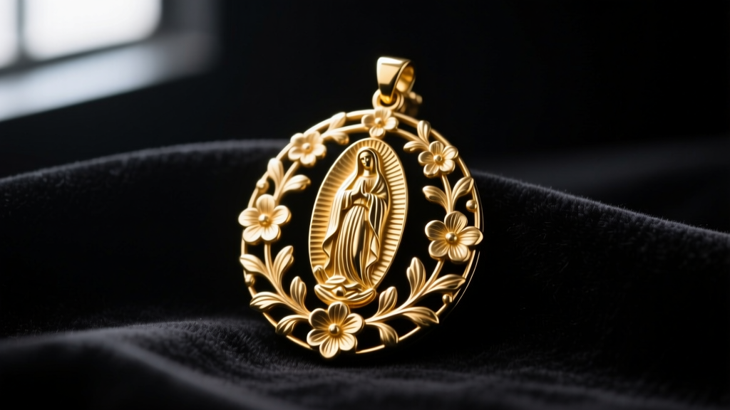 Close-up of an antique gold-filled Virgin Mary pendant with intricate floral repousse details resting on dark velvet fabric.