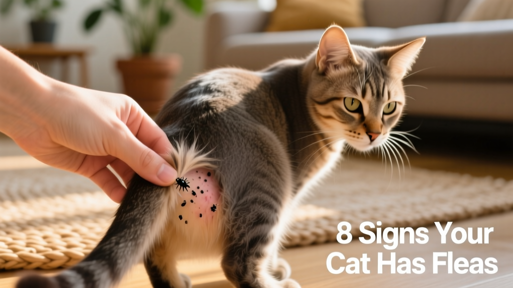 A hand gently parting a cat's fur near the base of the tail to reveal irritated skin and tiny dark specks (flea dirt)