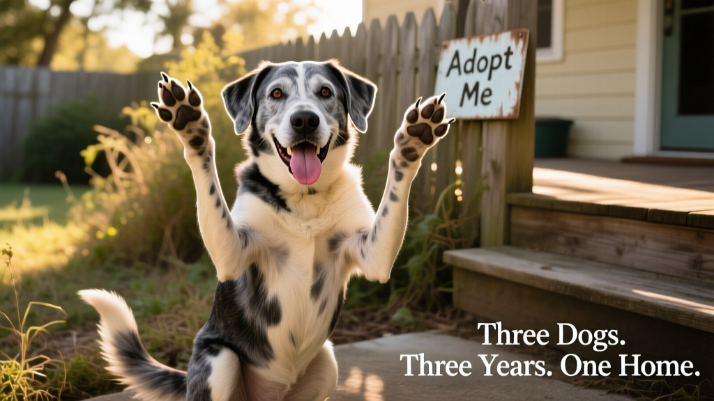 An older Chesapeake Bay Retriever mix sitting upright with playful 'jazz hands' posture, tongue lolling and underbite smile visible