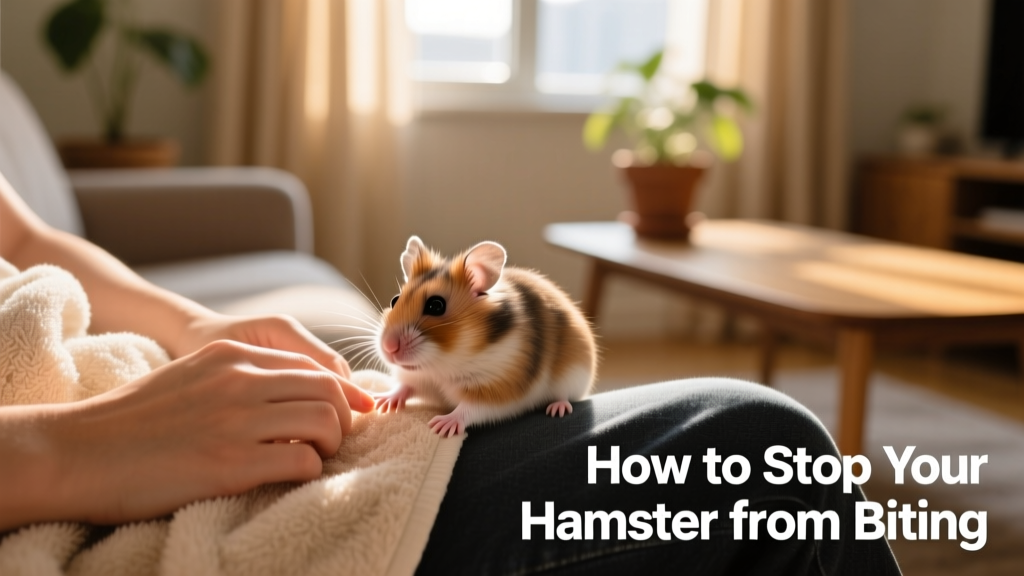 A relaxed hamster exploring a person's lap while resting on a soft towel