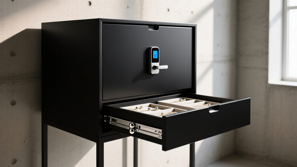 Matte black powder-coated steel floor jewelry cabinet with digital lock, showing heavy metal ball-bearing drawer glides open.