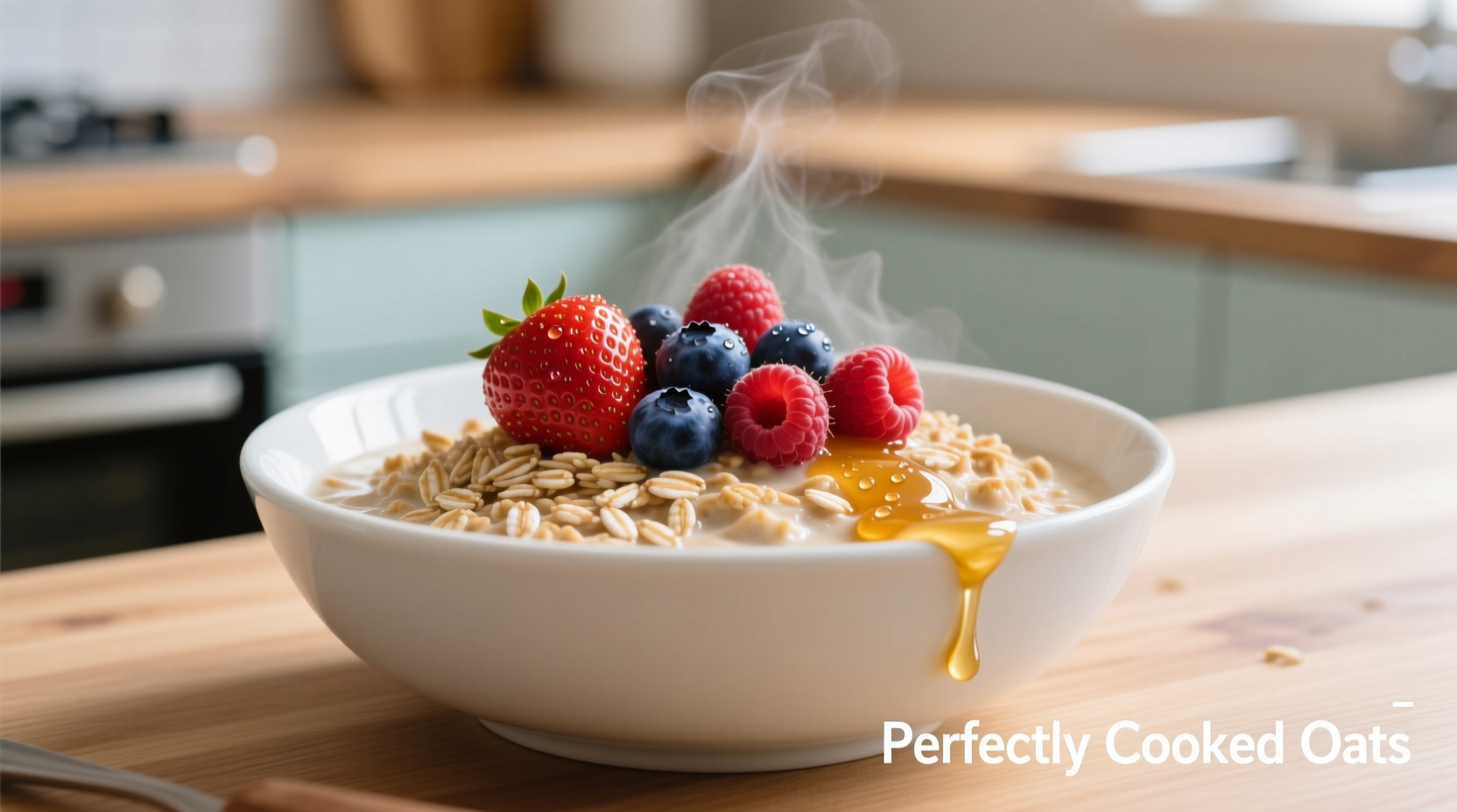 Perfectly cooked quick oats in white bowl with fresh berries