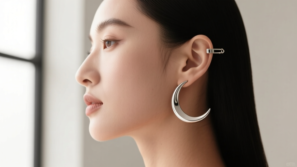Side profile of a model wearing lightweight titanium crescent moon hoops, showcasing a seamless latchback closure mechanism.